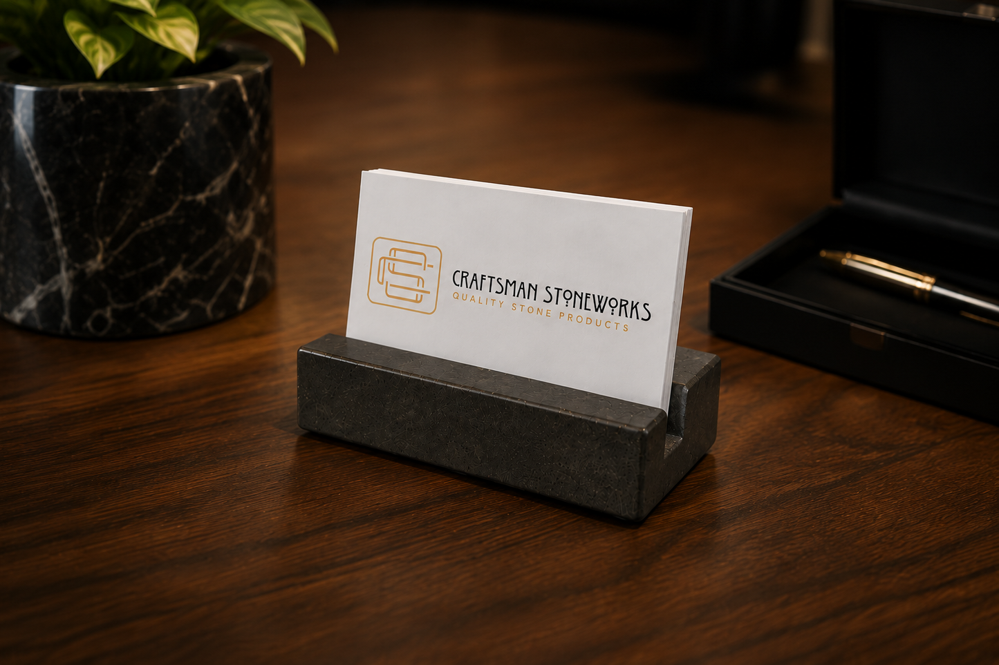 Black Absolute Granite business card holder on desk