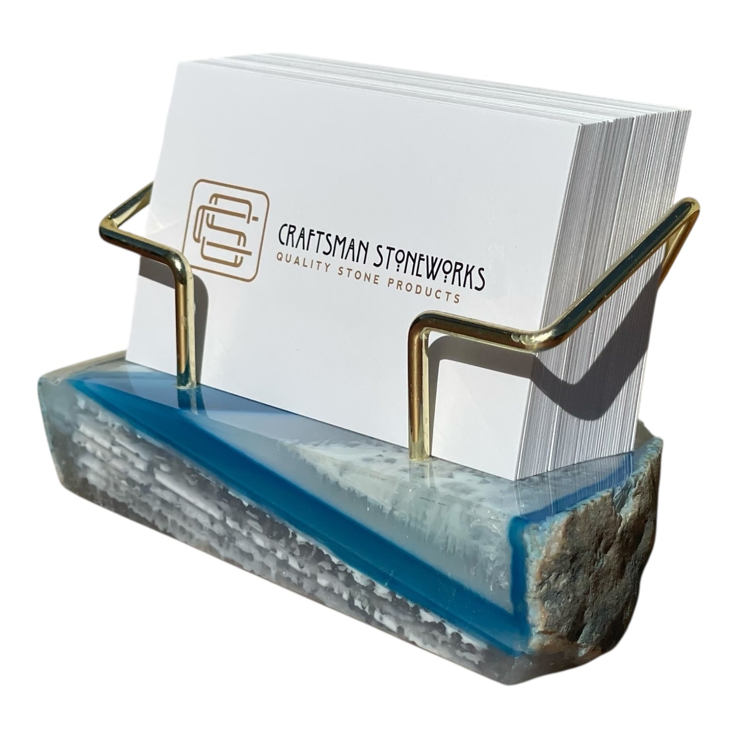 Teal Agate Business Card Holder - Gold Wire Frame
