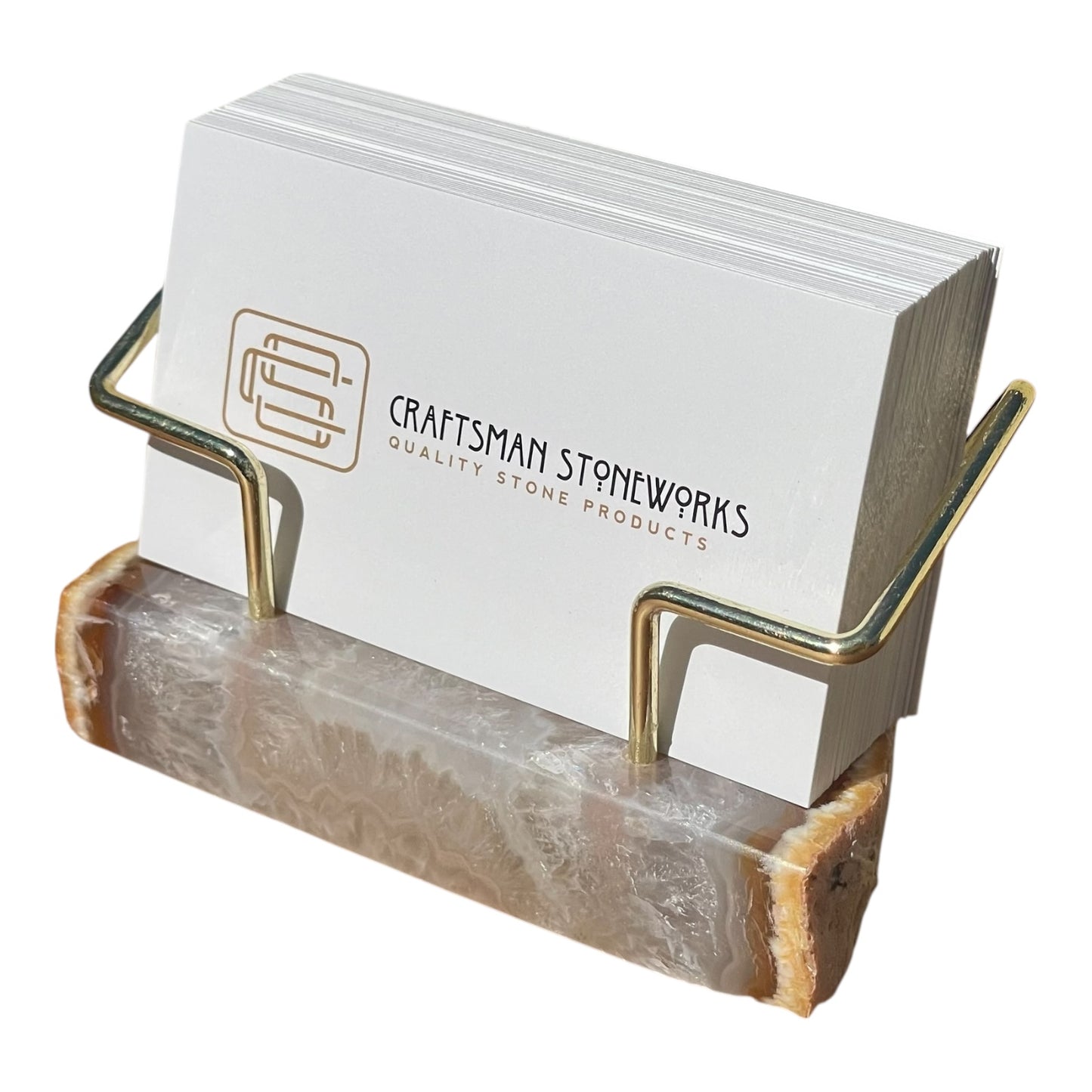 Natural agate business card holder with gold wire frame