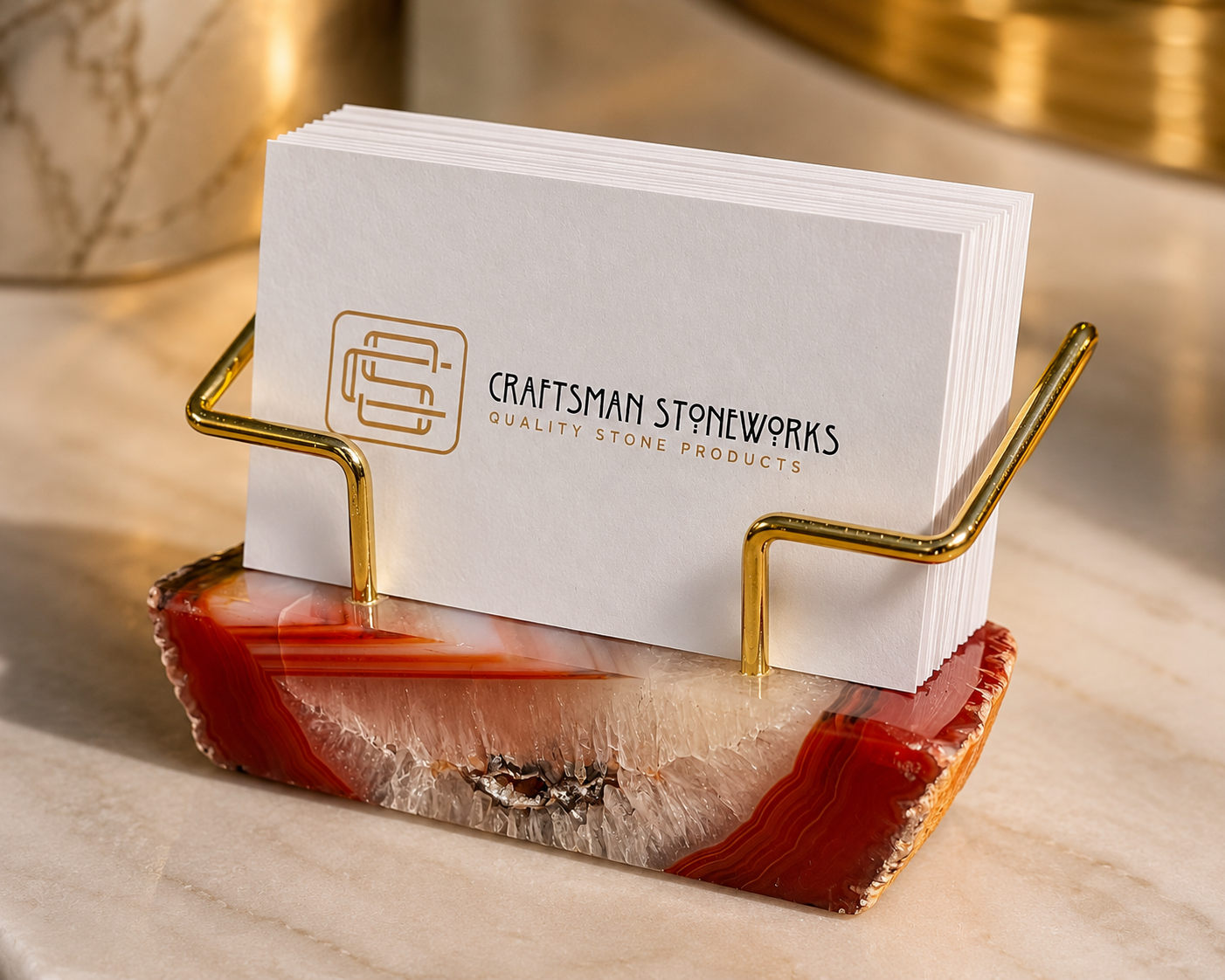 Red Agate Business Card Holder - Gold Wire Frame