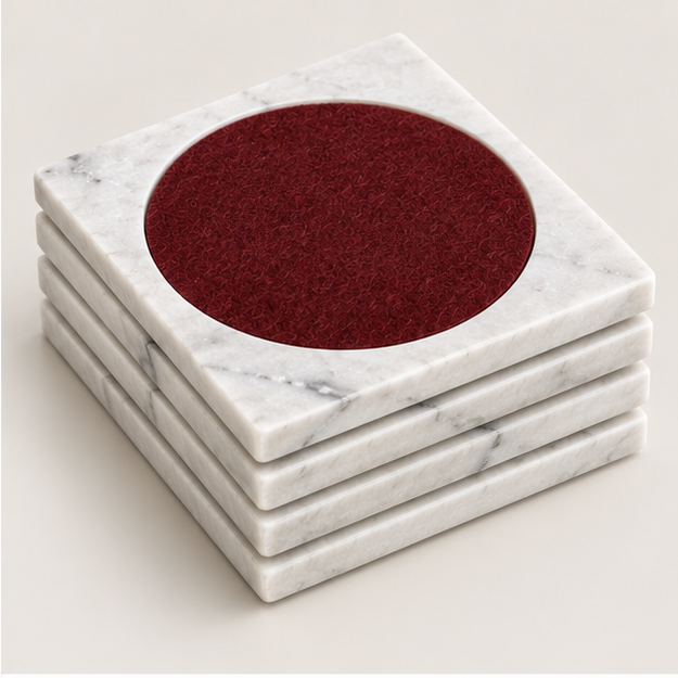 White Carrara marble coasters with brick felt inset, set of 4