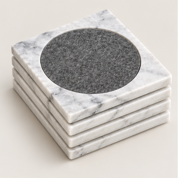 White Carrara marble coasters with heather gray felt inset, set of 4