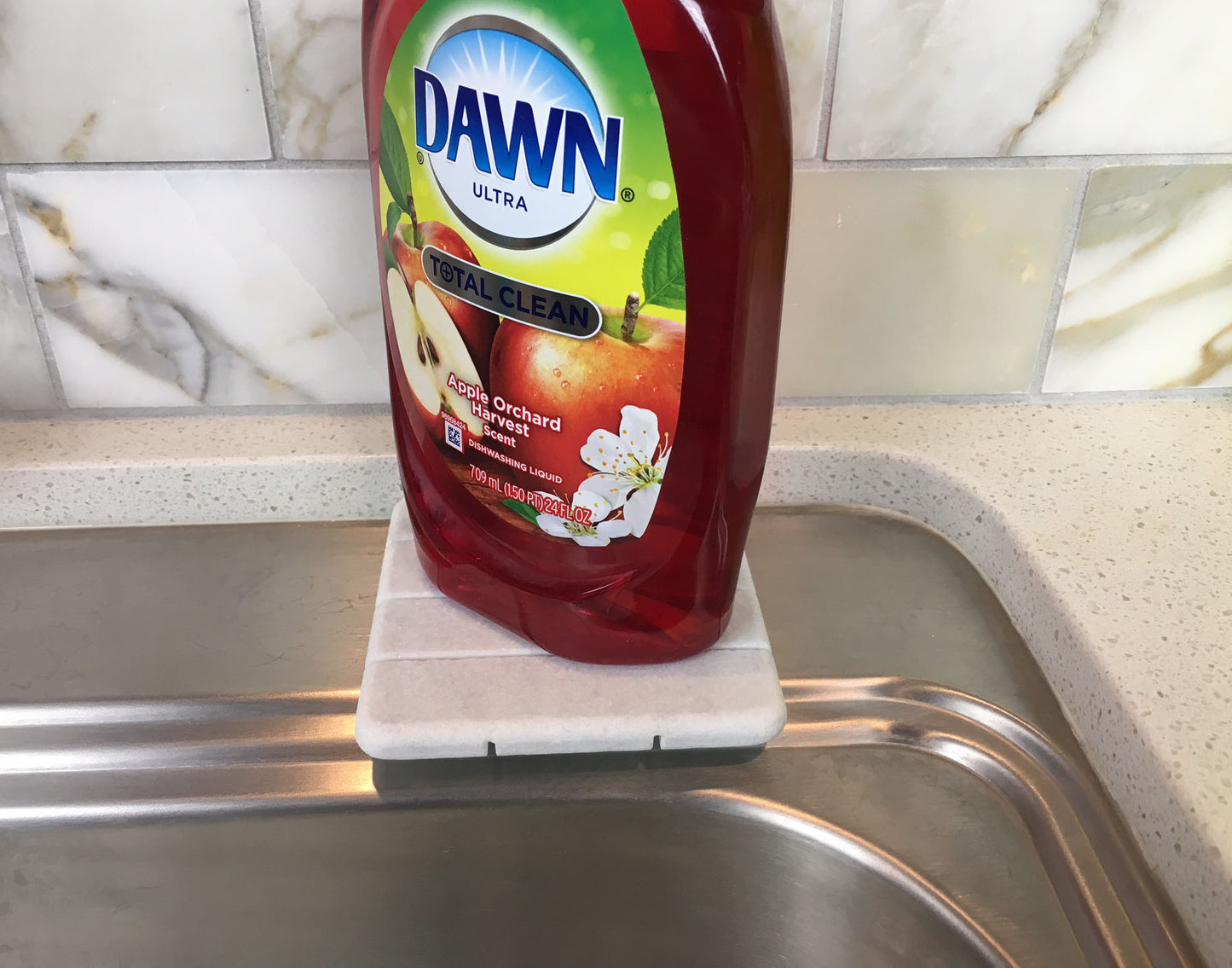 White Carrara Marble soap dish on kitchen counter
