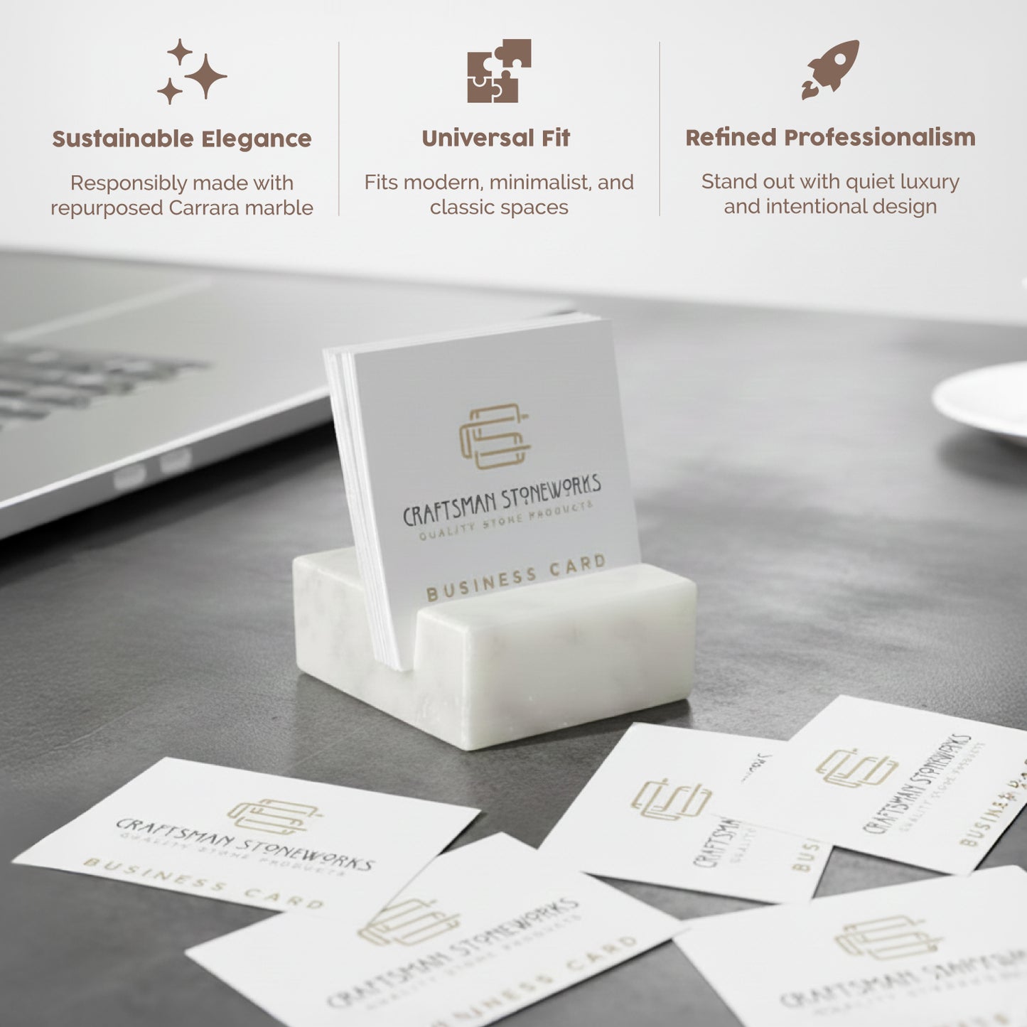 White Carrara Marble square business card holder on desk