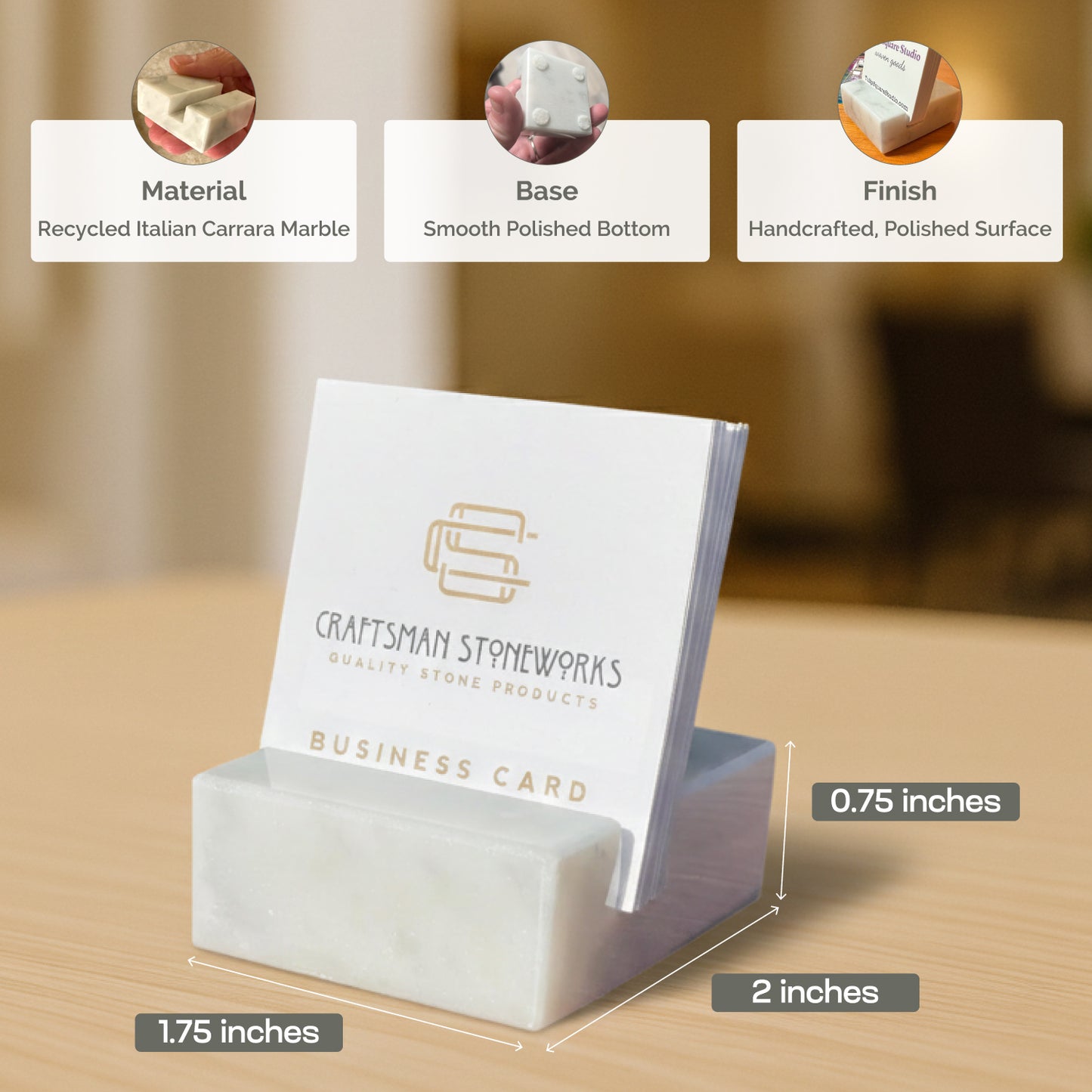 White Carrara Marble square business card holder on desk