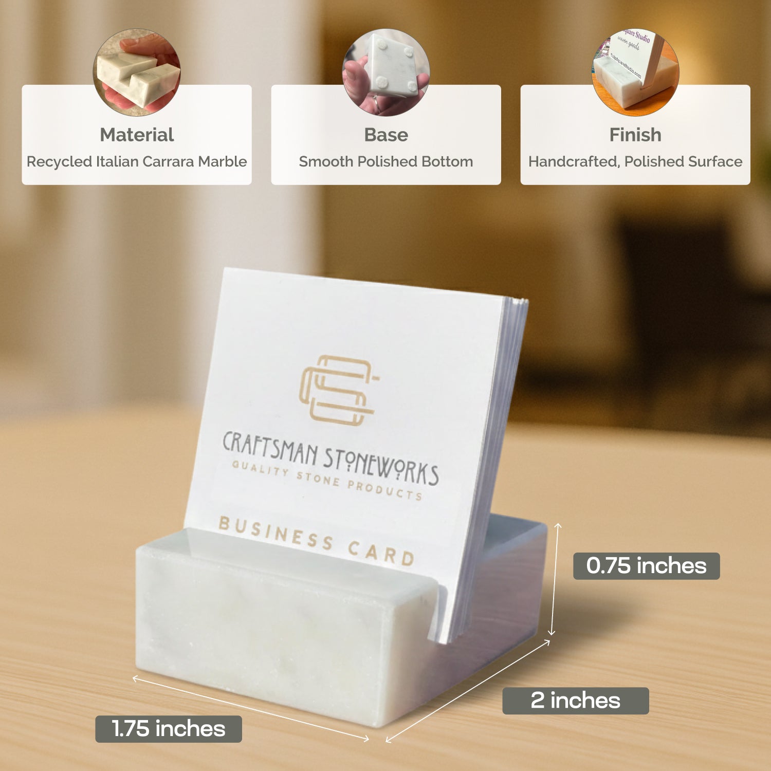 White Carrara Marble square business card holder on desk