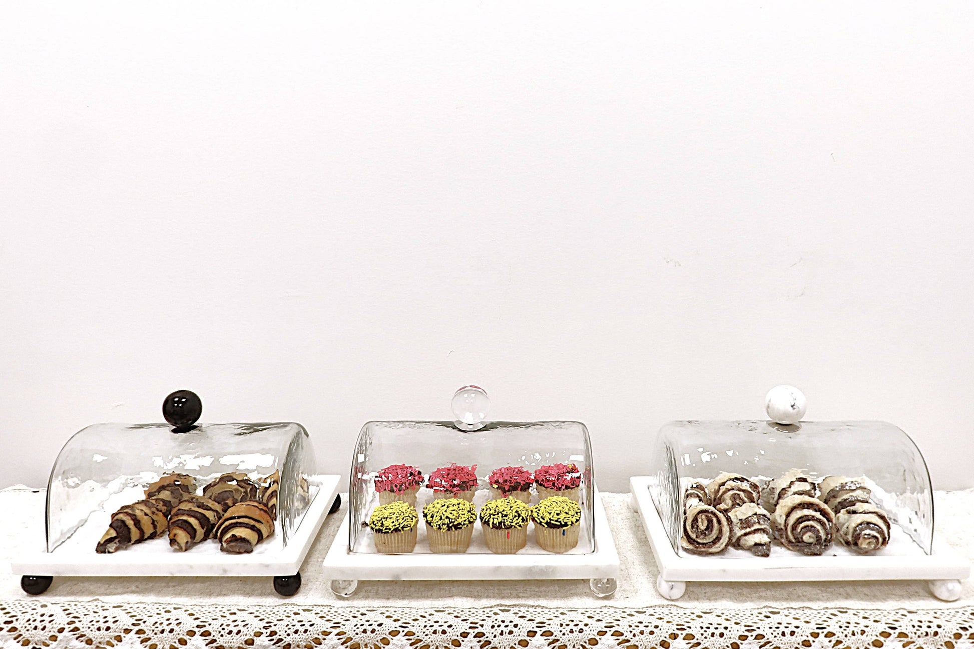 White marble cake platter with glass dome cover