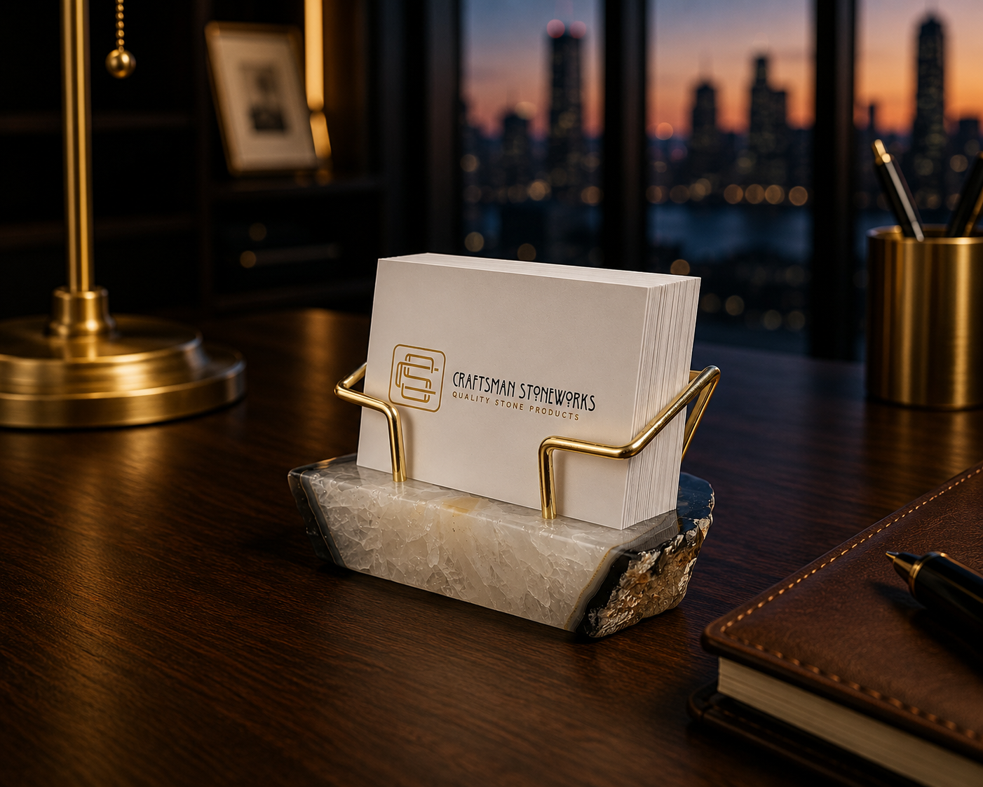 Black Agate Business Card Holder - Gold Wire Frame