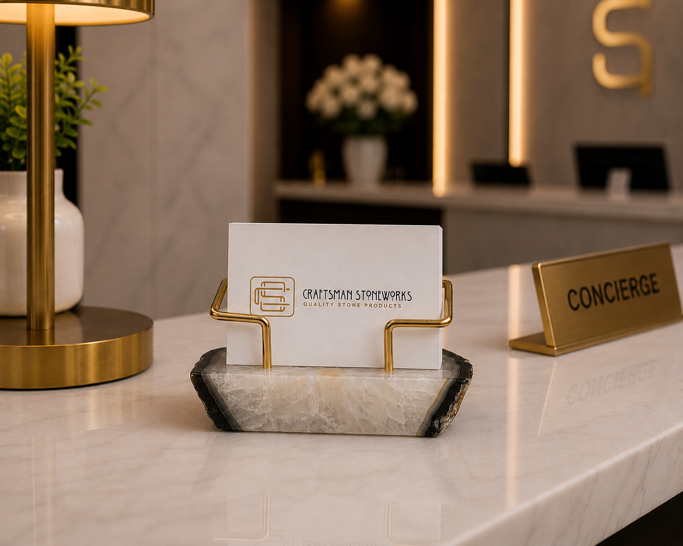 Black Agate Business Card Holder - Gold Wire Frame