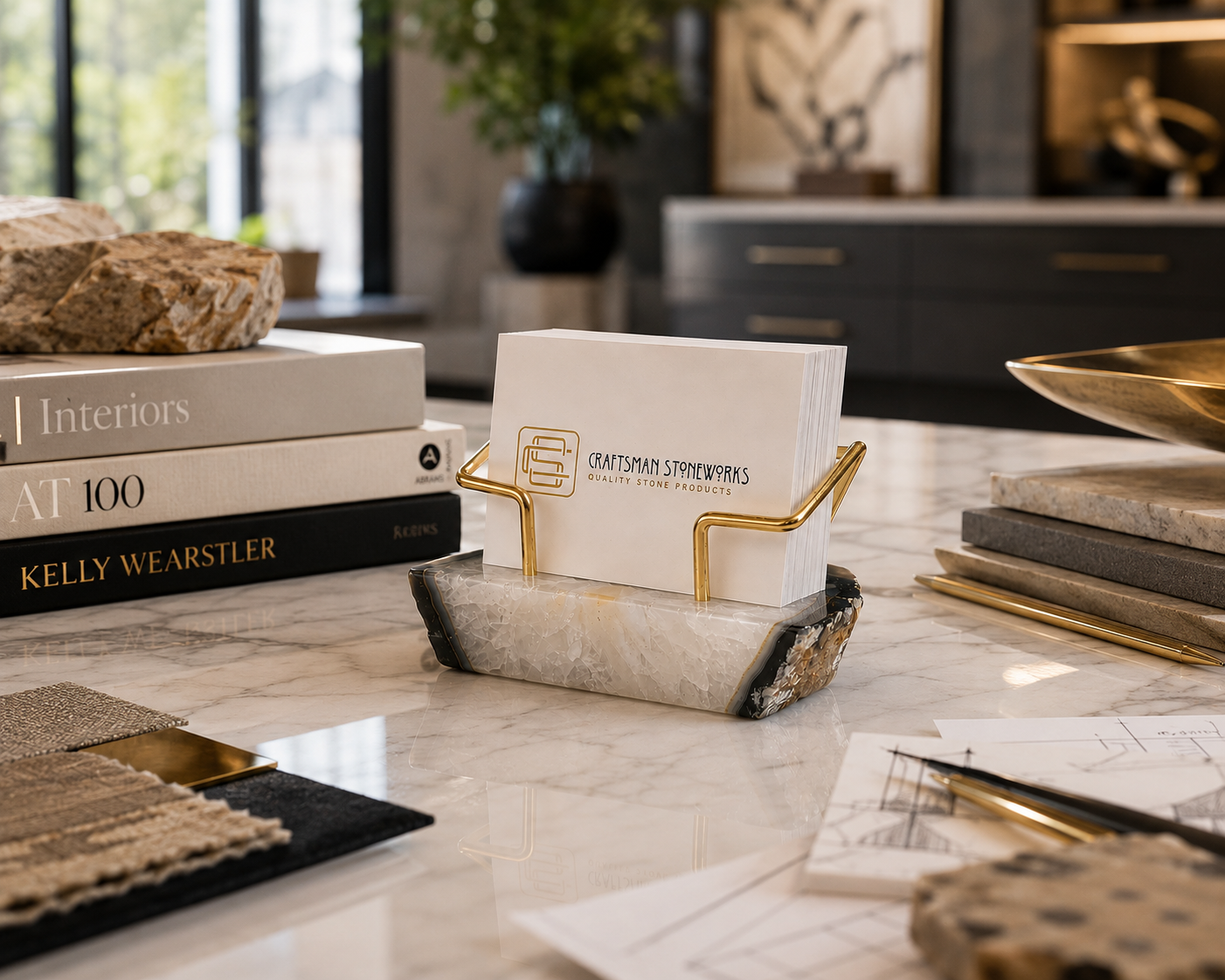 Black Agate Business Card Holder - Gold Wire Frame