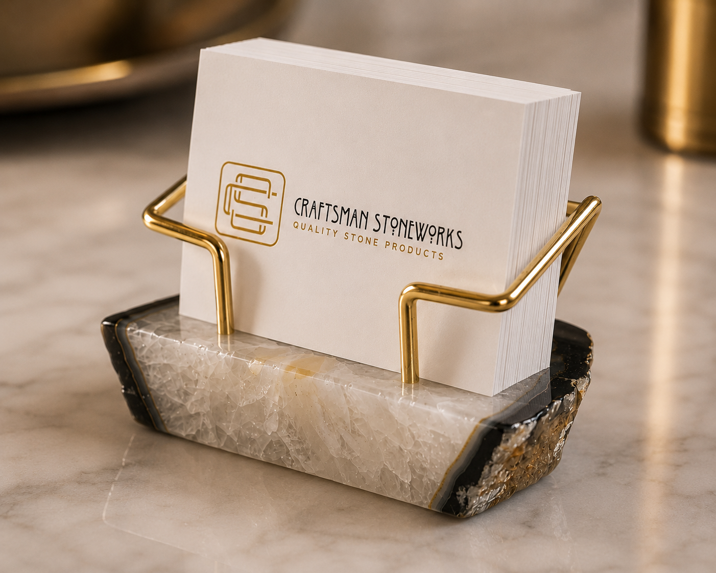Black Agate Business Card Holder - Gold Wire Frame