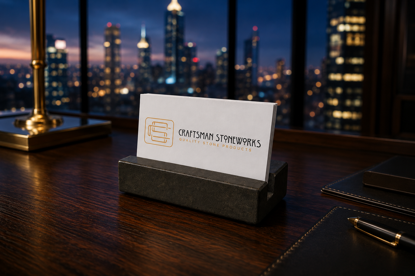 Black Absolute Granite business card holder on desk