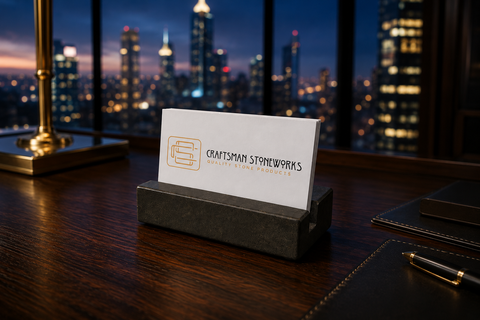 Black Absolute Granite business card holder on desk