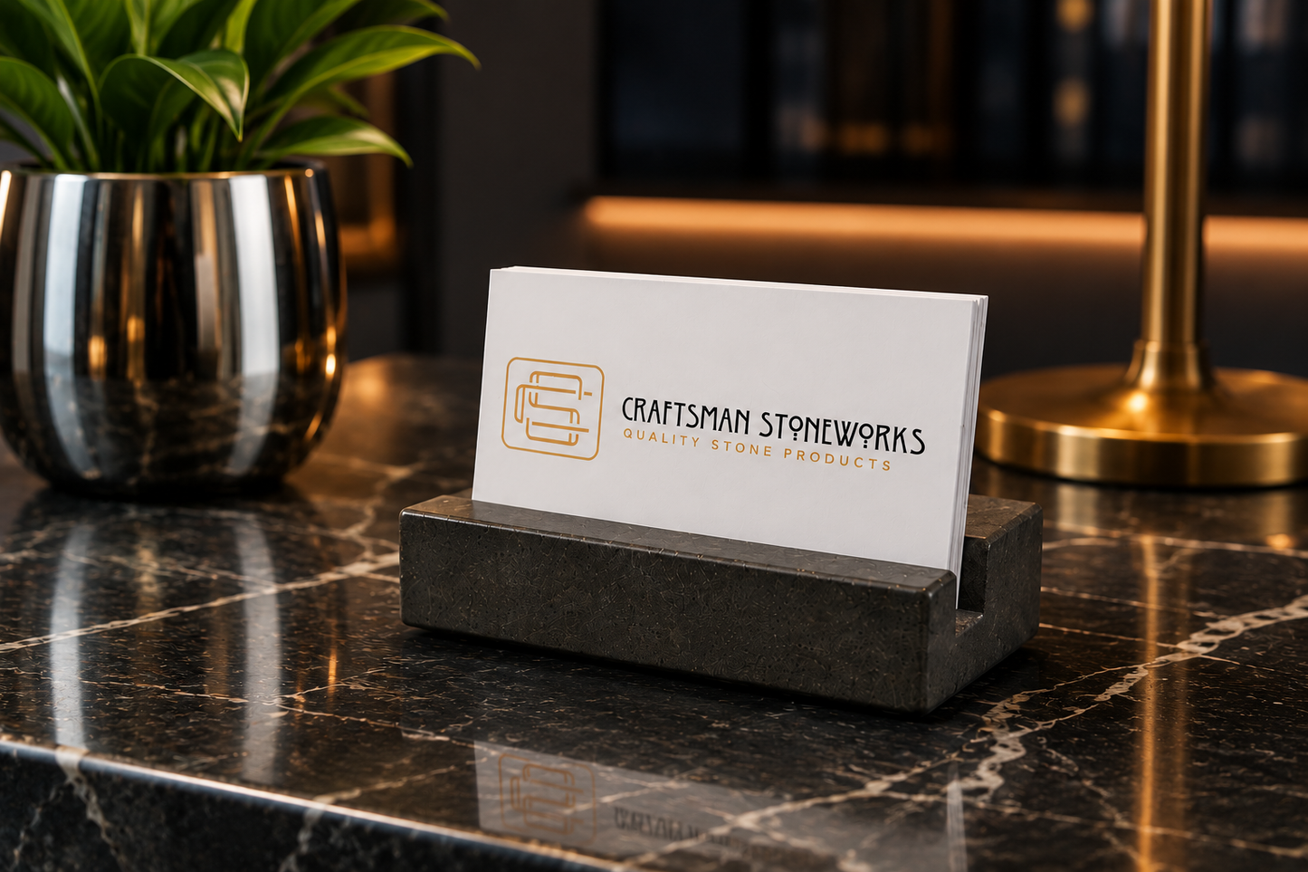 Black Absolute Granite business card holder on desk