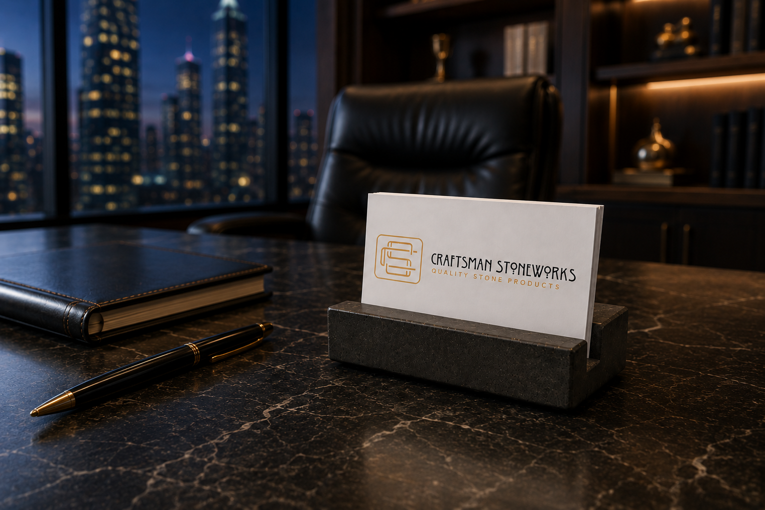 Black Absolute Granite business card holder on desk