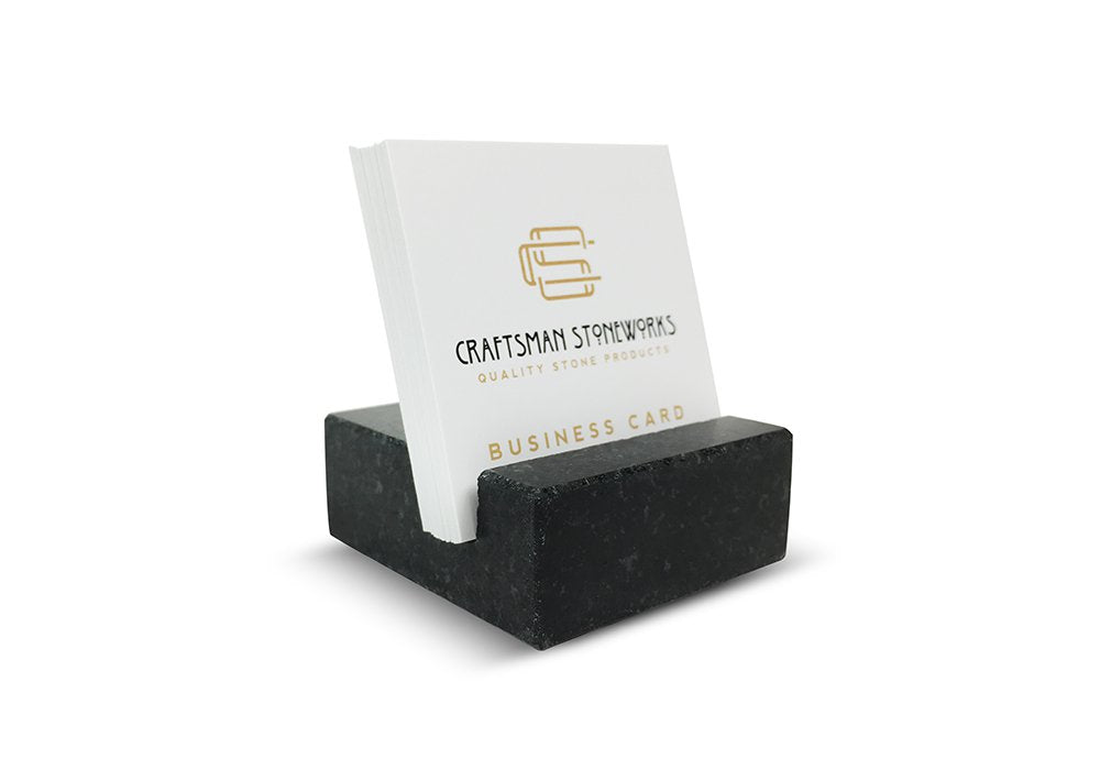 Black Absolute Granite square business card holder on desk