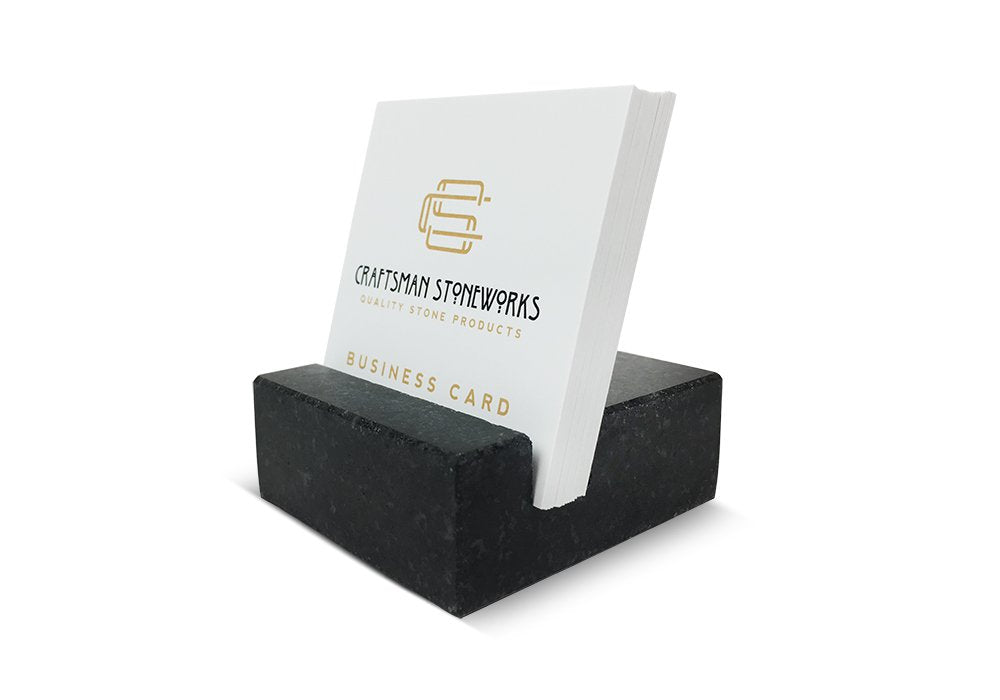 Black Absolute Granite square business card holder on desk