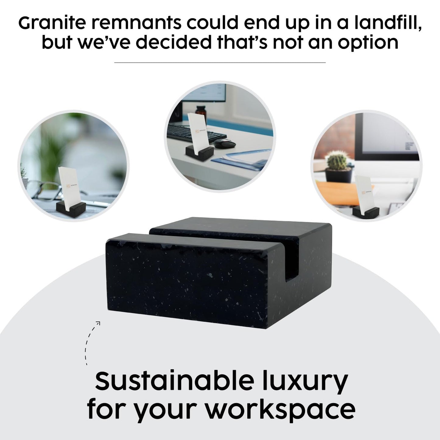 Black Absolute Granite square business card holder on desk