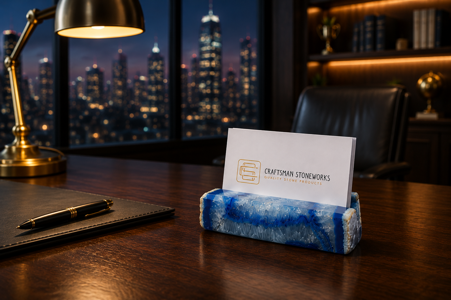 Handcrafted blue agate business card holder on desk
