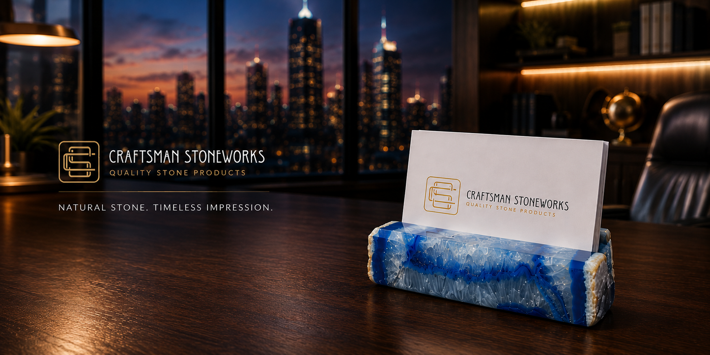 Handcrafted blue agate business card holder on desk