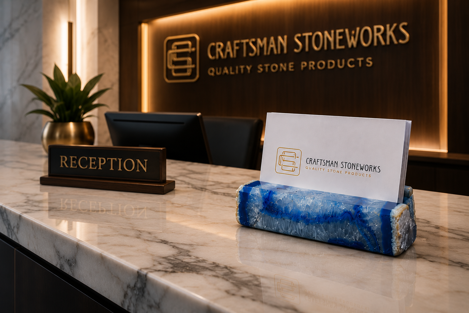 Handcrafted blue agate business card holder on reception desk