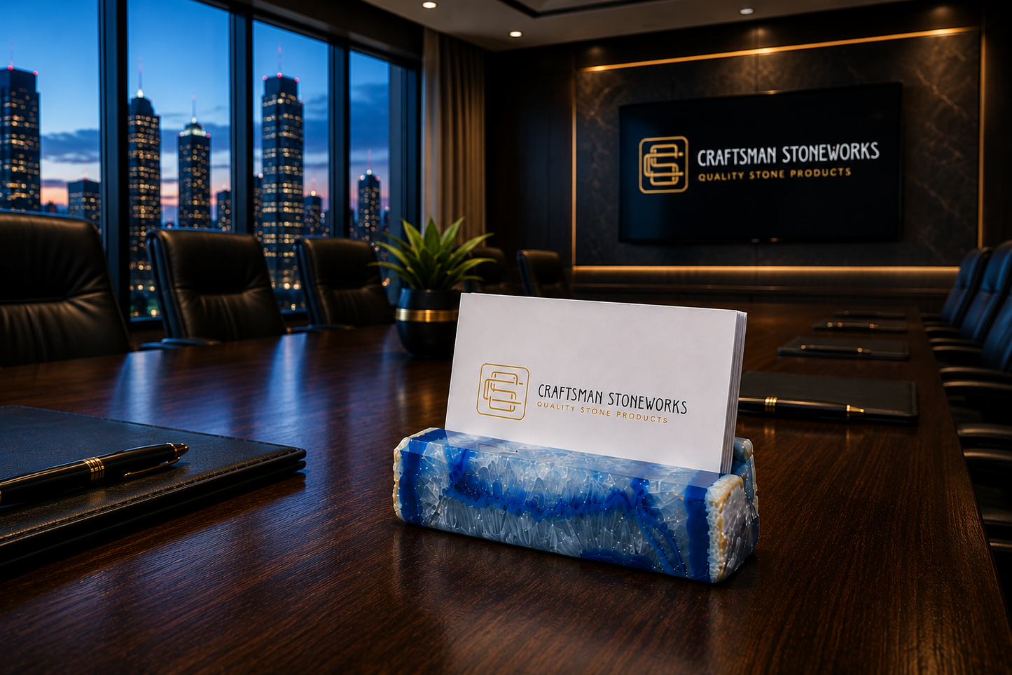 Handcrafted blue agate business card holder in board room