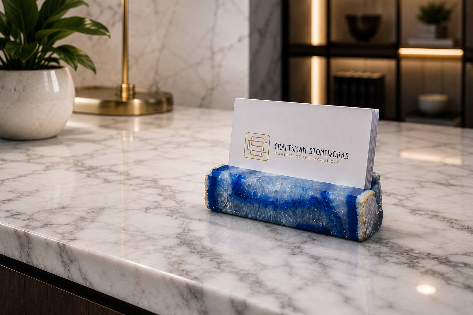 Handcrafted blue agate business card holder on white marble