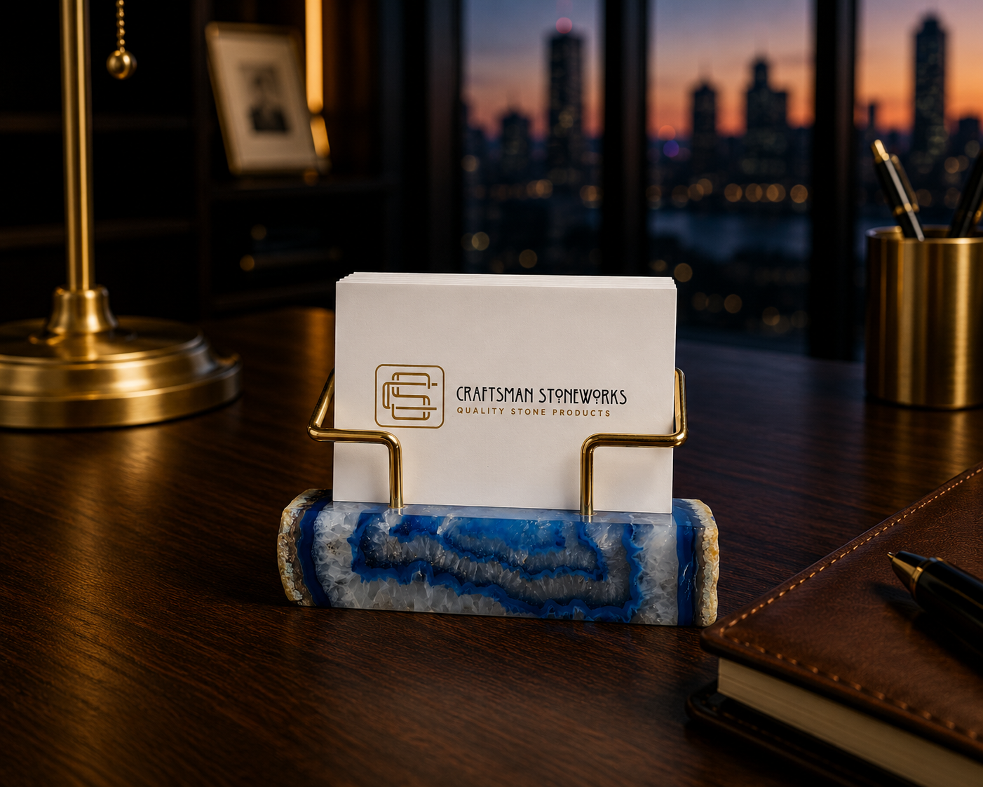Blue Agate Business Card Holder - Gold Wire Frame