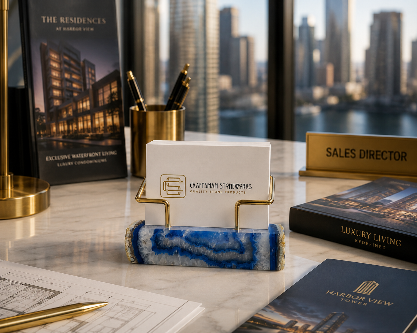 Blue Agate Business Card Holder - Gold Wire Frame