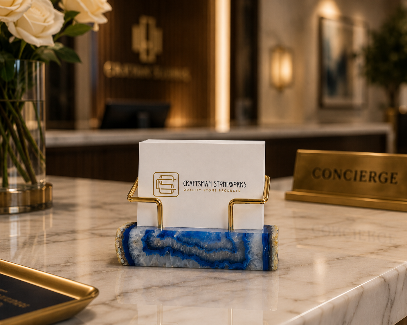 Blue Agate Business Card Holder - Gold Wire Frame