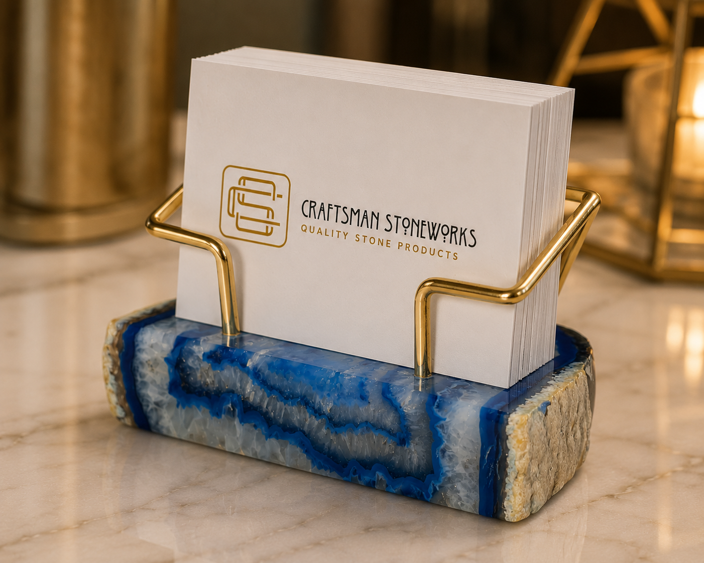 Blue Agate Business Card Holder - Gold Wire Frame