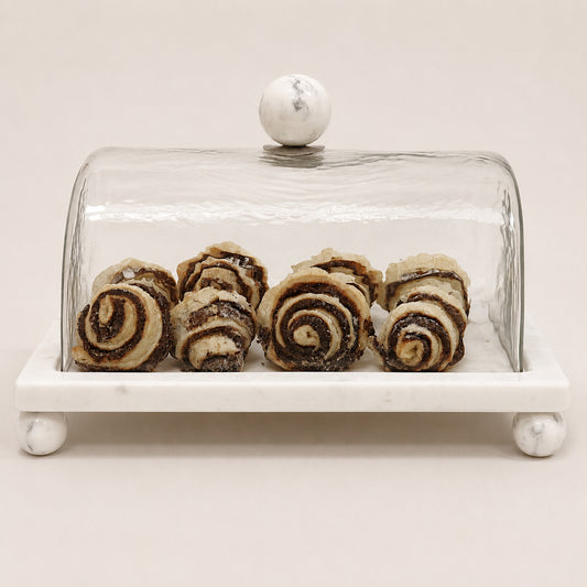White marble cake platter with glass dome cover