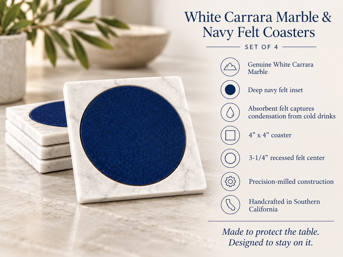White Carrara Marble & Navy Felt Coasters — Set of 4