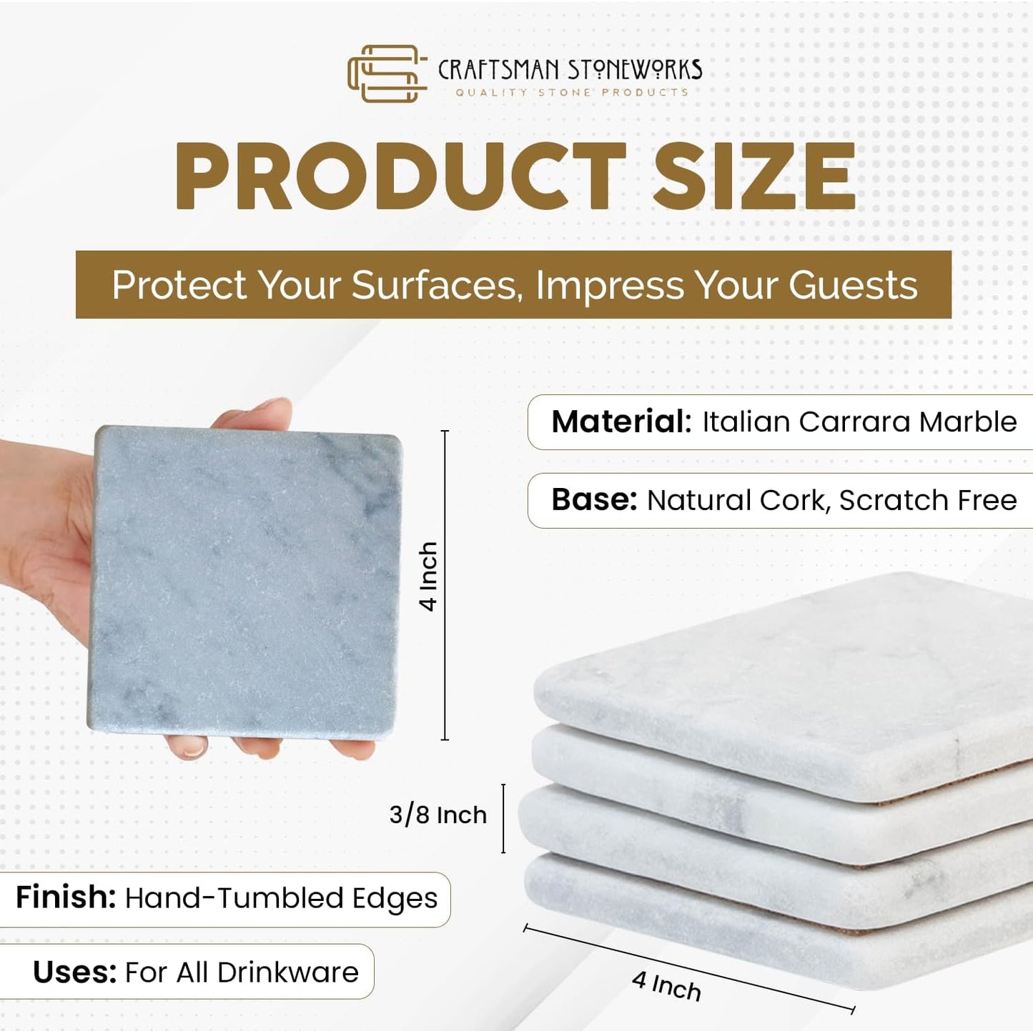 White Carrara Marble Coasters — Square · Set of 4