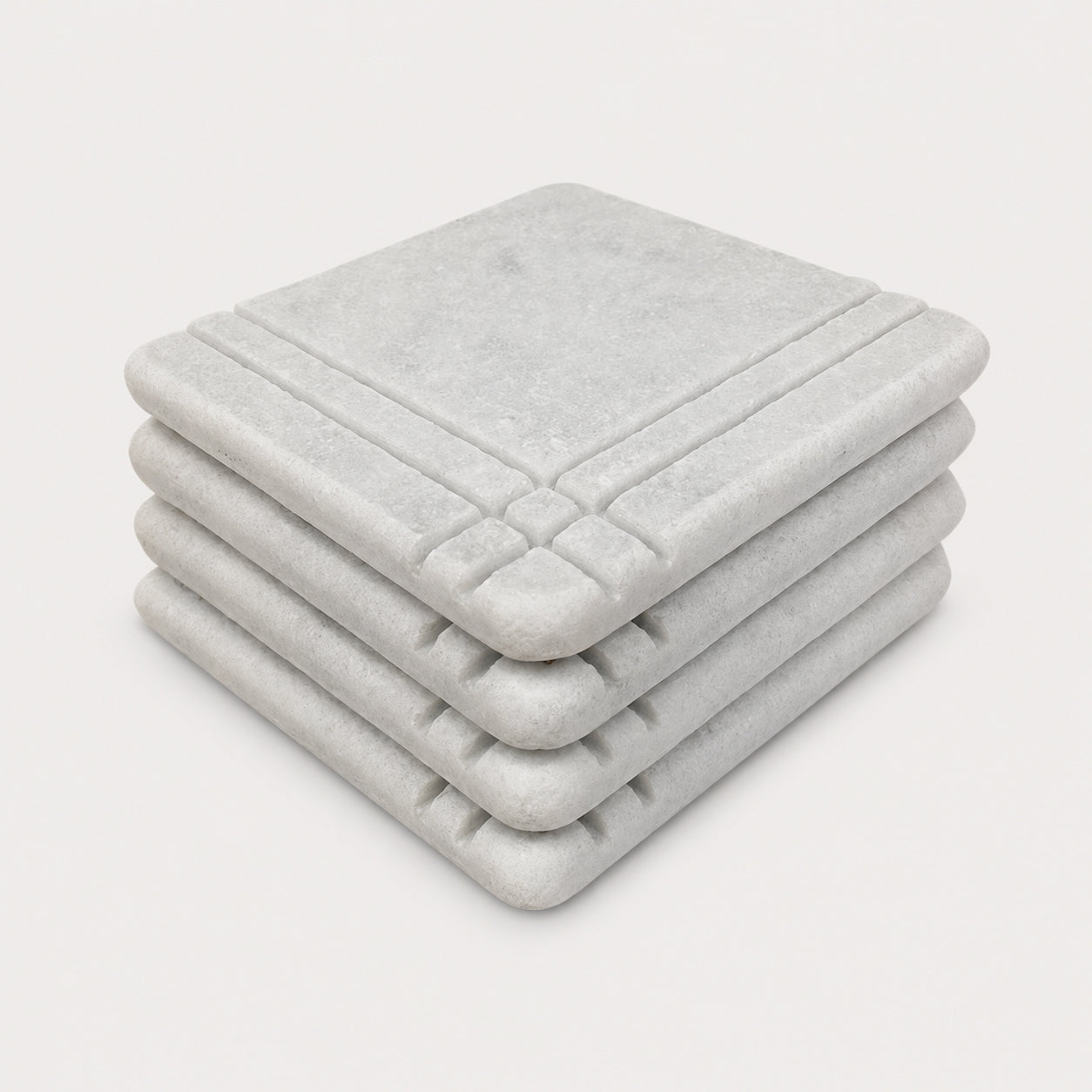 White Carrara Marble coaster with hand-carved linear border, Design A