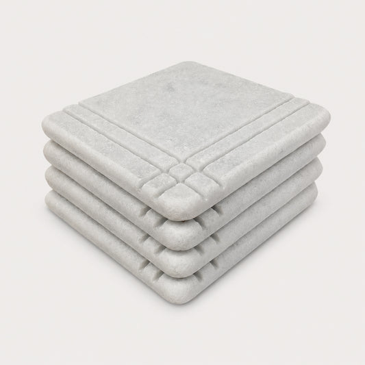 White Carrara Marble coaster with hand-carved linear border, Design A