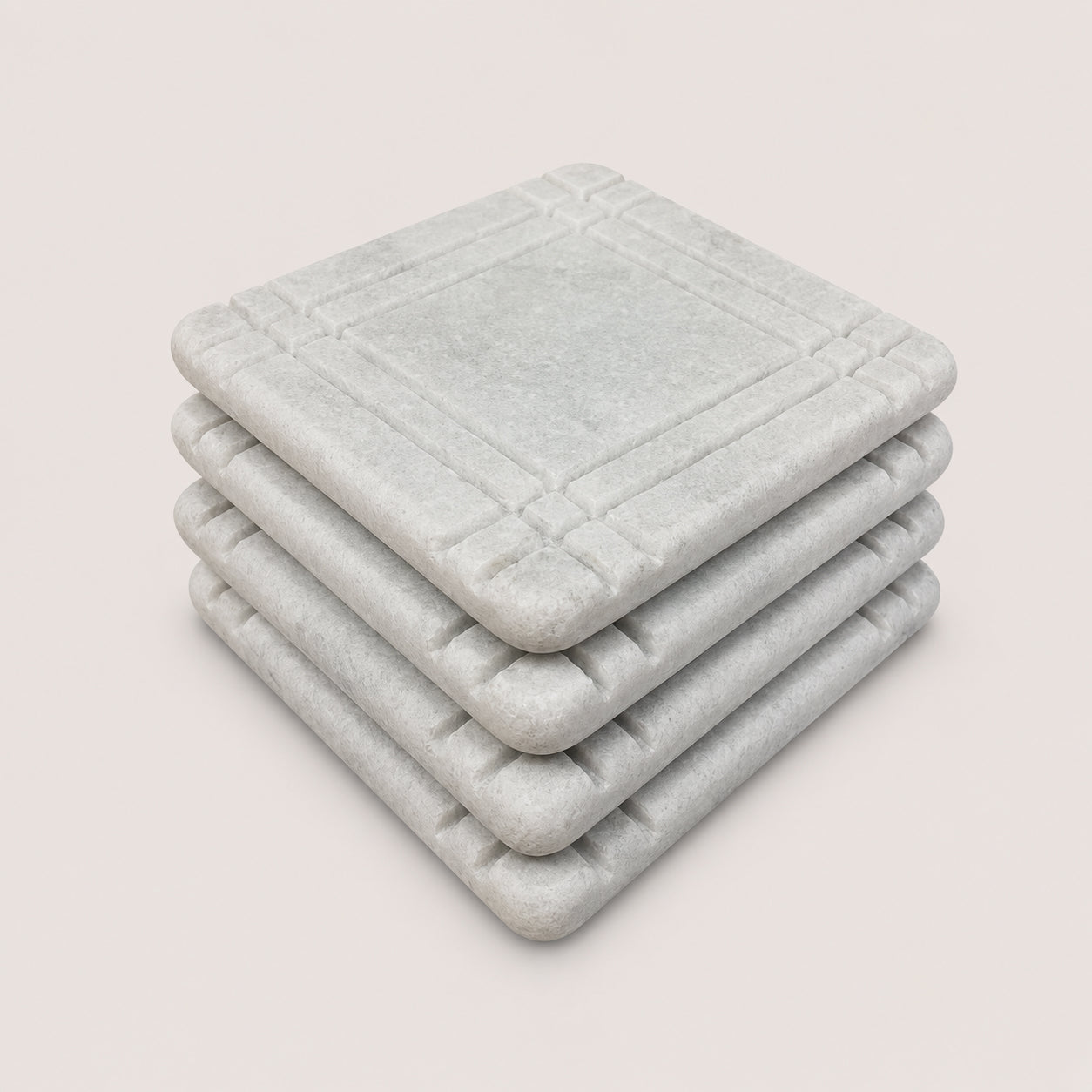 White Carrara Marble coaster with hand-carved frame border, Design B