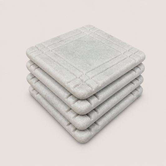White Carrara Marble coaster with hand-carved frame border, Design B