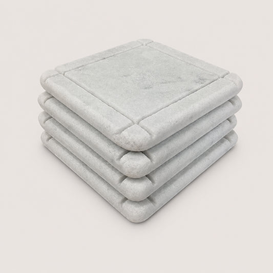 White Carrara Marble coaster with hand-carved linear accents, Design D