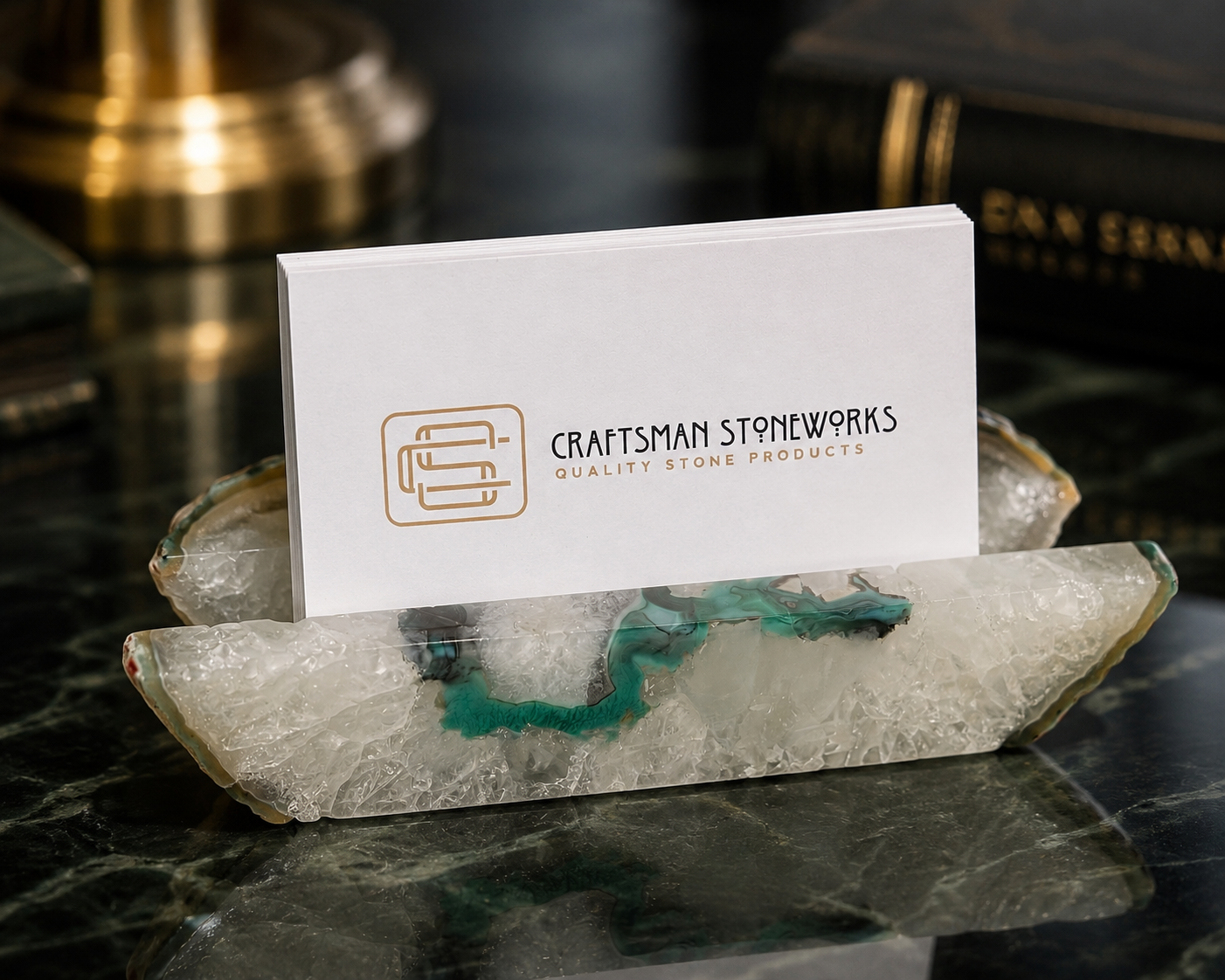 Handcrafted Green Agate Business Card Holder