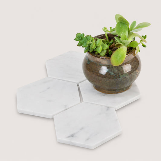 White Carrara Marble hexagon coasters, set of 4