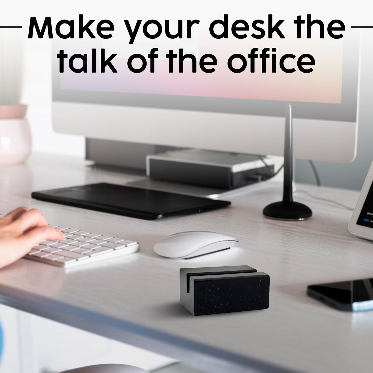 Black Absolute Granite vertical business card holder on desk