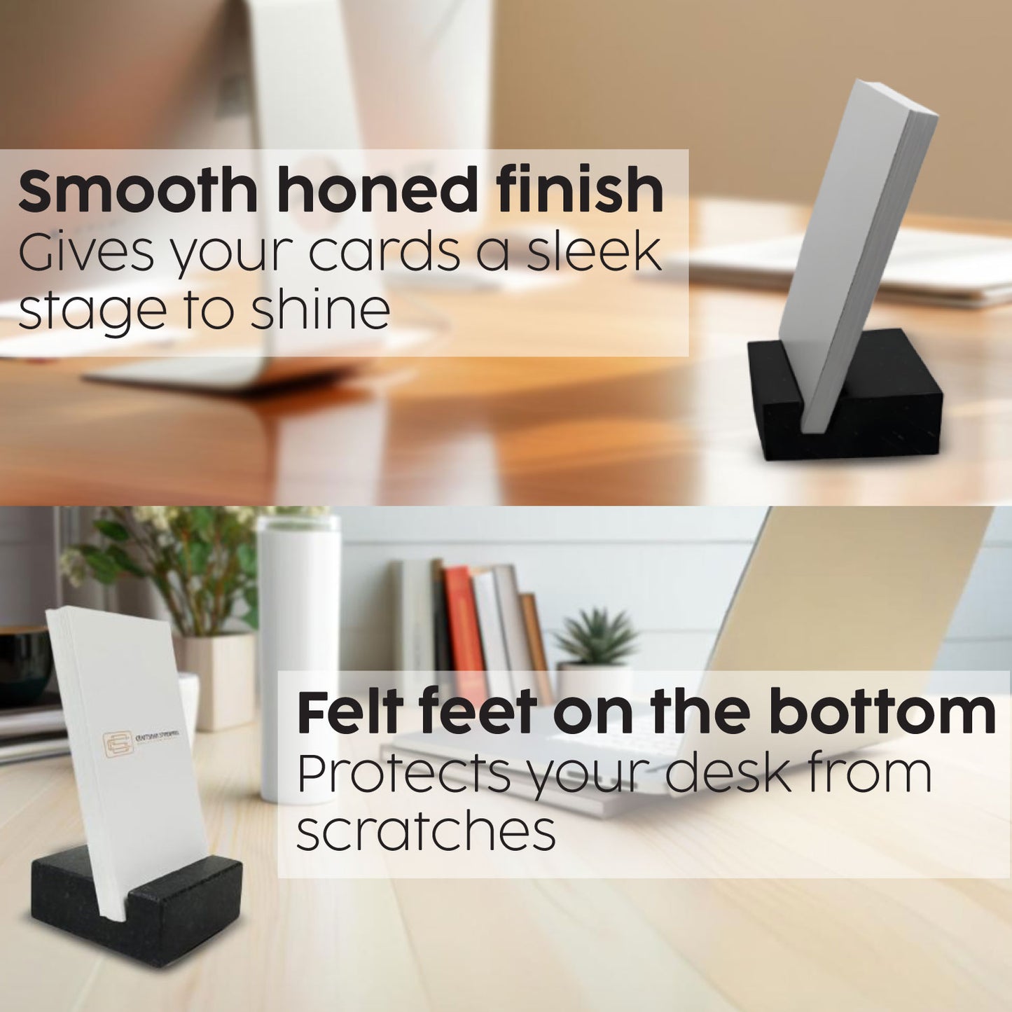 Black Absolute Granite vertical business card holder on desk