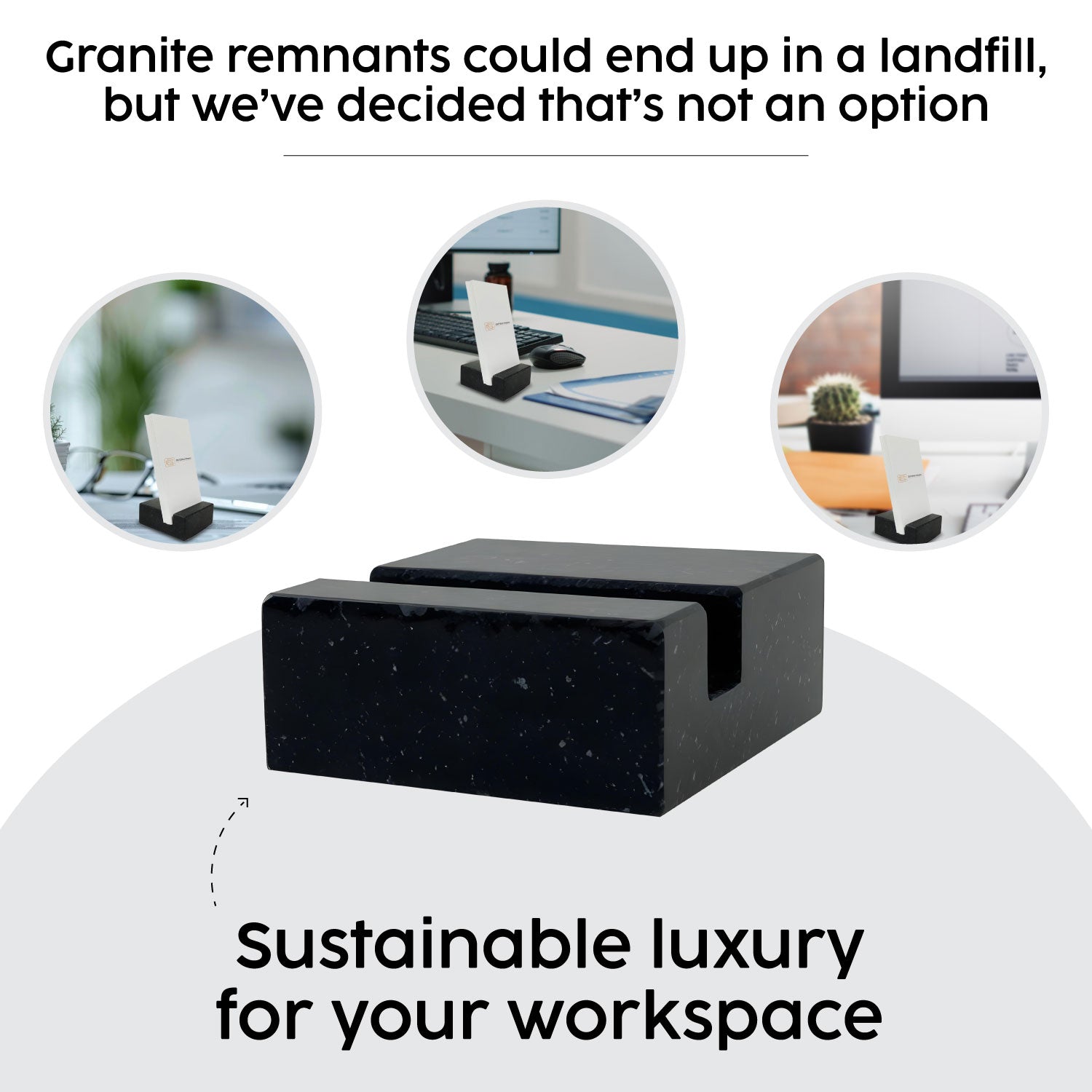 Black Absolute Granite vertical business card holder on desk