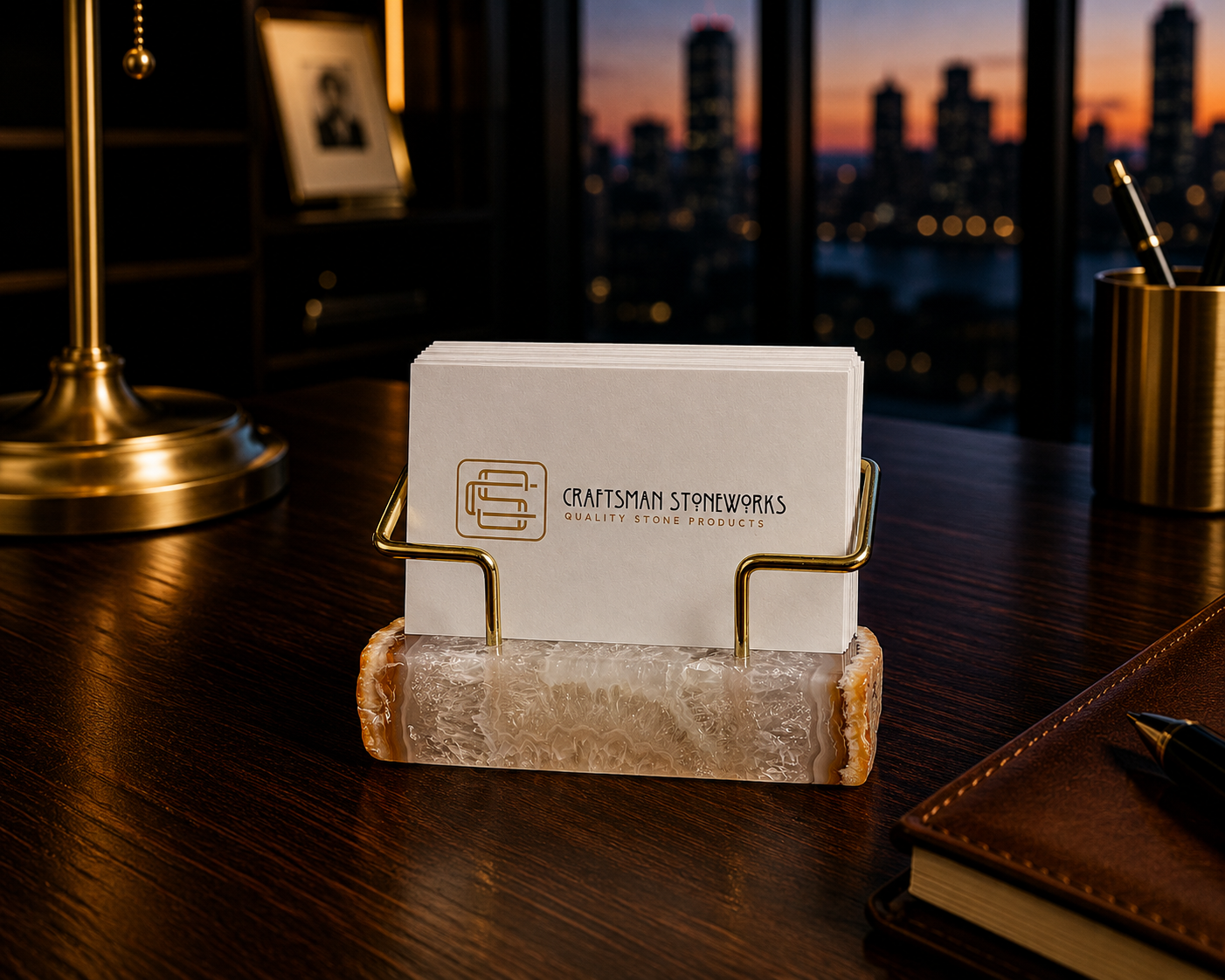 Natural Agate Business Card Holder - Gold Wire Frame