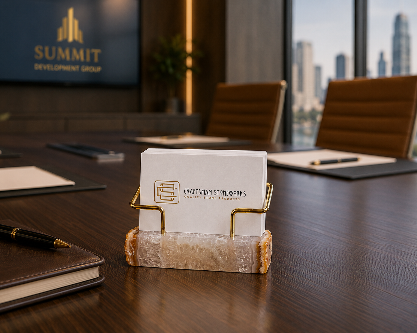 Natural Agate Business Card Holder - Gold Wire Frame