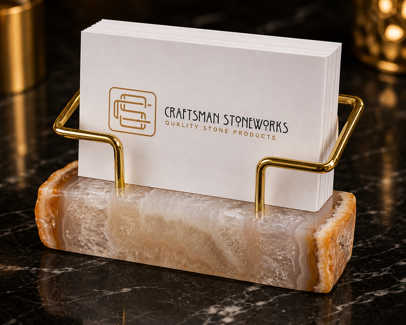 Natural Agate Business Card Holder - Gold Wire Frame