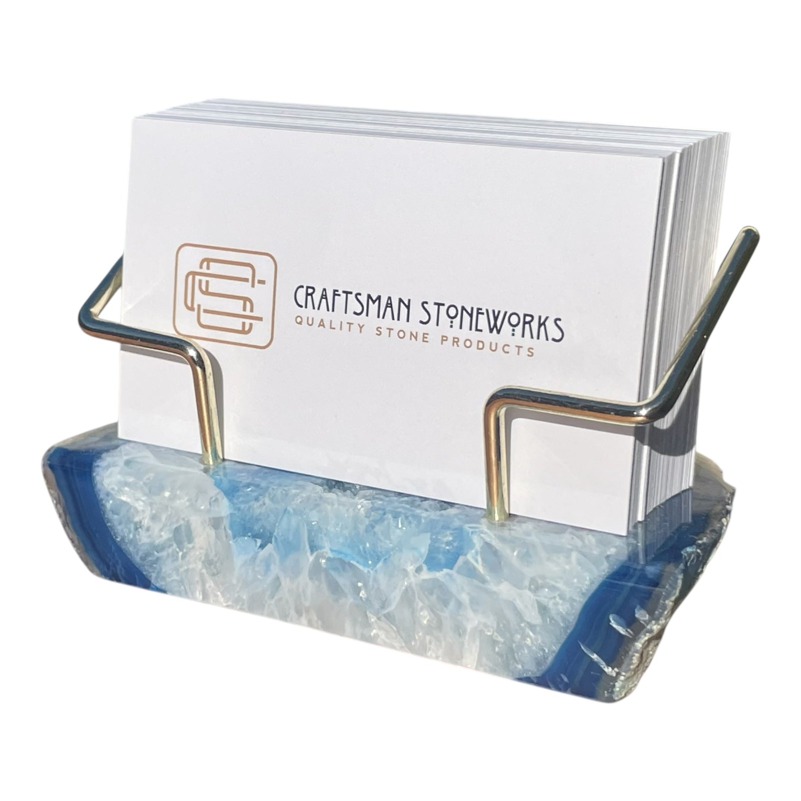 Blue agate business card holder with gold wire frame