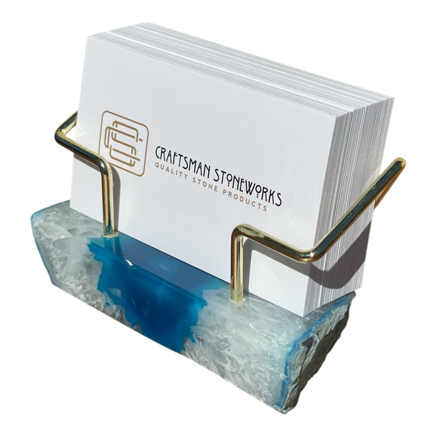 Teal agate business card holder with gold wire frame