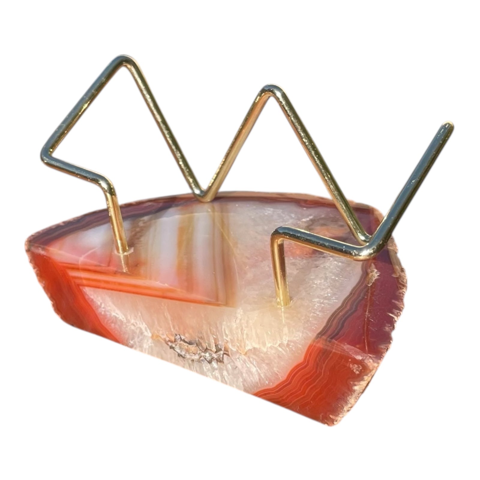 Red agate business card holder with gold wire frame
